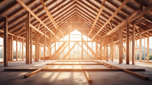 Wooden frame structure house building. Neural network AI generated art
