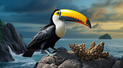 Stunning Toucan Perched on Coastal Rocks with Ocean Backdrop