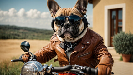 Fototapeta na wymiar French bulldog dressed up on motorcycle.
