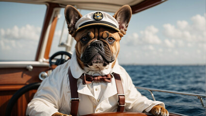 French bulldog as captain on yacht.