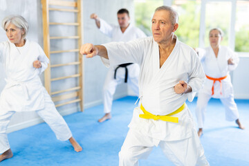 Elderly women and men in kimonos stand in a fighting stance during a group karate training session © JackF