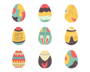 9 Easter egg collection designs. Easter holiday eggs hunt in colorful flat style with rabbit ears. Art deco decor. Stock vector illustrations clipart