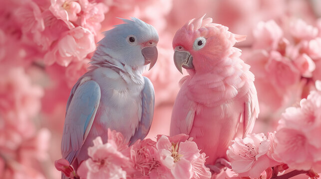 two blue parrots sit on a pink branch with flowers