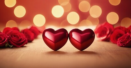 Two red hearts against a background of roses and blurred bokeh. For design, print, cards - Valentine's Day, Mother's Day or wedding and Birthday. with copy space