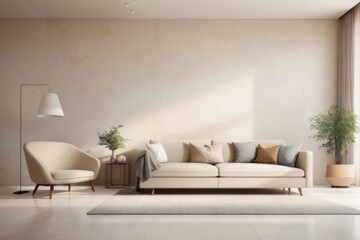 Interior home design of modern living room with beige sofa and houseplants with beige stucco wall