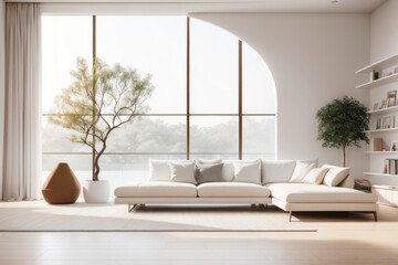 Interior home design of modern living room with white sofa and decorative shelves with white wall near the window