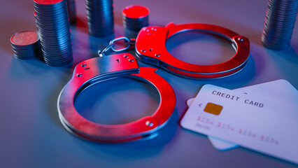 Financial fraud crime concept background with coins and credit card with handcuffs,3d rendering - obrazy, fototapety, plakaty