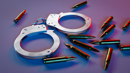 Crime concept with firearms with bullets on the floor and handcuffs,3d rendering