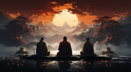 Monks Observing Sunset in Mystical Mountain Landscape