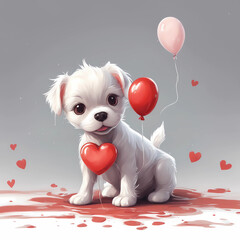 cute and adorable puppy, heart balloons for mother’s day, love illustration, dog of valentine’s day, illustration of valentine’s day dogs, valentine’s day and mother’s day celebration