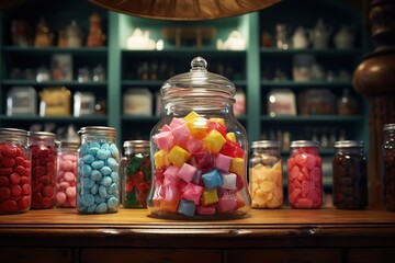 Glass Jar in a candy shop full of colorful small wrapped candies, Candy day , generative Ai  - obrazy, fototapety, plakaty