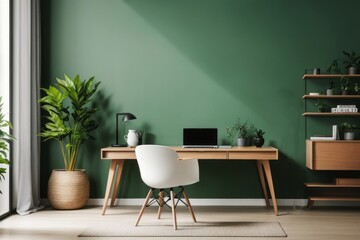 Scandinavian interior home office design of modern workplace with wooden table and office chairs with decorative shelves on the green wall next to the window