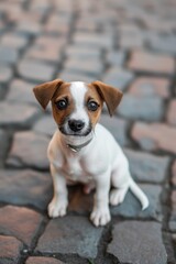 A small Jack Russell Terrier puppy sitting on cobblestone looking up. Jack Russell Terrier Puppy on Cobblestone