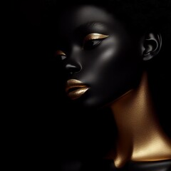 Black female face with gold makeup on black background. 
