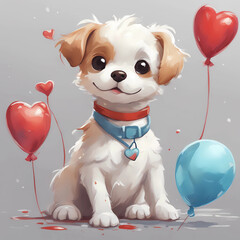 love illustration, heart balloons for mother’s day, cute and adorable puppy, illustration of valentine’s day dogs, valentine’s day and mother’s day celebration, dog of valentine’s day