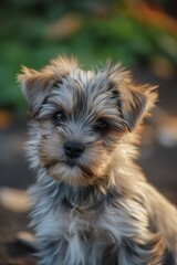 Naklejka na ściany i meble A Yorkshire Terrier puppy outdoors with a thoughtful gaze. Yorkshire Terrier Puppy Gazing Softly
