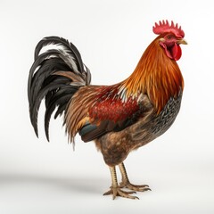 Fototapeta premium Farm rooster surrounded by chickens and other colorful birds in a rural setting, showcasing nature and agriculture