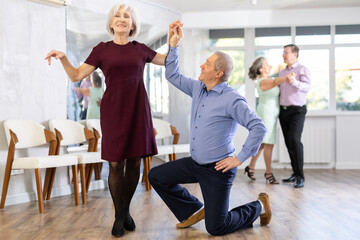 Happy mature couple enjoying retro ballroom dancing in modern dance salon, man standing on knee and holding hand of woman