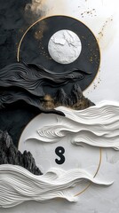 Chinese landscape minimalist design, inkcore, paper sculpture, mysterious core, a painting depicting black and white Yin and Yang symbols - generative ai