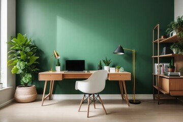 Scandinavian interior home office design of modern workplace with wooden table and office chairs with decorative shelves on the green wall next to the window