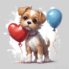dog of valentine’s day, love illustration, heart balloons for mother’s day, valentine’s day and mother’s day celebration, cute and adorable puppy, illustration of valentine’s day dogs