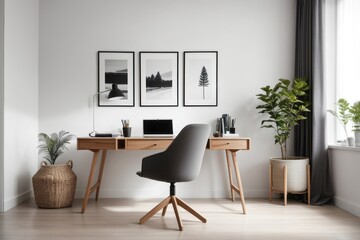 Scandinavian interior home office design of modern workplace with wooden table and office chairs with white wall next to the window
