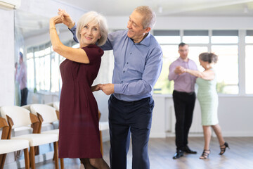 Happy mature woman enjoying impassioned merengue with male partner in latin dance class. Social dancing concept - obrazy, fototapety, plakaty