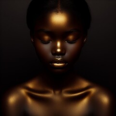 Beautiful african american woman with golden skin on dark background  