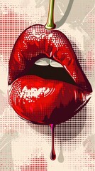 A close up of a person's mouth with a dripping lip. Pop-art retro half tone effect.