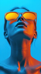A woman with glasses on her face and a blue background looking up, pop-art minimalistic portrait,...