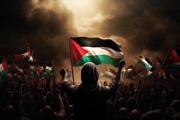Anonymous man with raised hand holding Palestine flag on the dark cloudy sky background with sunshine. Palestine freedom protest. free Palestine campaign. I stand with Palestine.