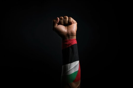 Low key picture of a fist painted in colors of Palestine flag. campaign for Palestine Freedom. I stand with Palestine concept. free Palestine campaign. - Powered by Adobe