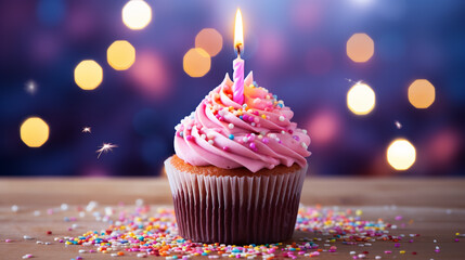 A beautiful happy birthday cake with a burning candle on bokeh purple light background