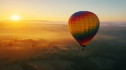 Naklejka premium Hot air balloon flying over the mountains at sunrise. Colorful hot air balloons.