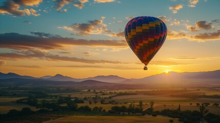 Hot air balloon flying over the mountains at sunrise. Colorful hot air balloons.