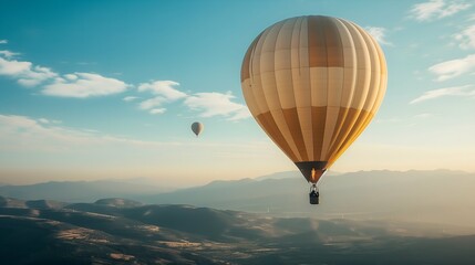Hot air balloon flying over the mountains at sunrise. Colorful hot air balloons.