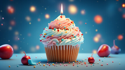 A delicious happy birthday cupcake with burning a candle on a blurred blue light background, birthday cake, candle