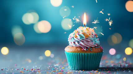 A delicious happy birthday cupcake with burning a candle on a blurred blue light background