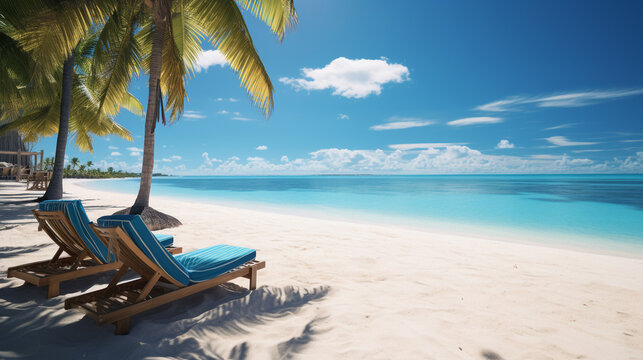 A beautiful beach scenery with two sun lounge chairs under the palm tree or coconut tree