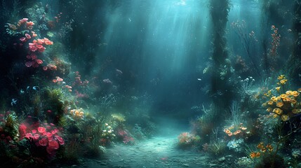 Fototapeta na wymiar underwater scene with rays of light. coral reef and diver. seabed