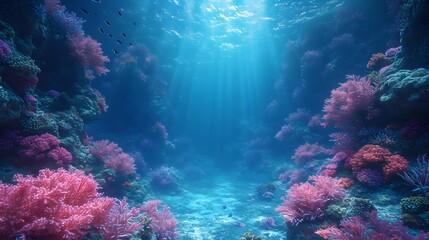 Fototapeta na wymiar underwater scene with rays of light. coral reef and diver. seabed