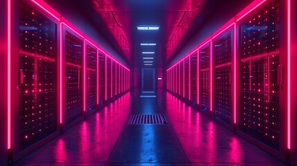 servers and racks in a datacenter. blue binary background. background with lines. data network