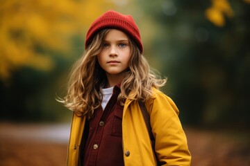 Portrait of a beautiful little girl in a yellow coat and a red hat. Autumn fashion.