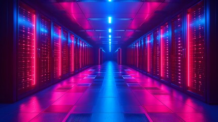 servers and racks in a datacenter. blue binary background. background with lines. data network