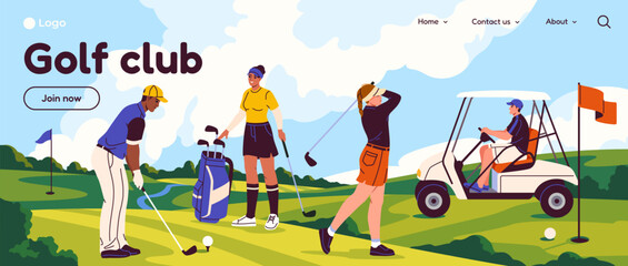 Golf club landing page. Website mock up with sportsmen playing golf. Horizontal banner with happy characters playing on field with golf sticks. Flat cartoon vector illustration