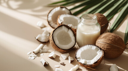 Natural coconut oil on beige background. Spa. - obrazy, fototapety, plakaty