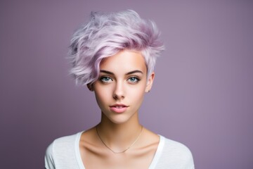 Portrait of a beautiful young woman with short pink hair on a purple background