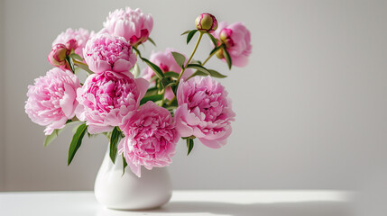 Bouquet of pink peonies in vase on table on neutral background.  Copy space. 
