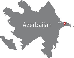 Gray Map of Azerbaijan with location marker of the capital and inscription of the name of the country and the capital inside map