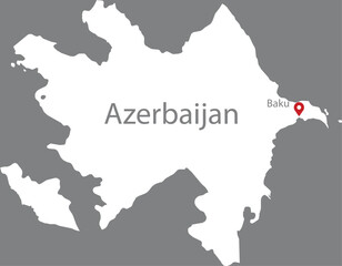 Fototapeta premium White Map of Azerbaijan with location marker of the capital and inscription of the name of the country and the capital inside map on gray background